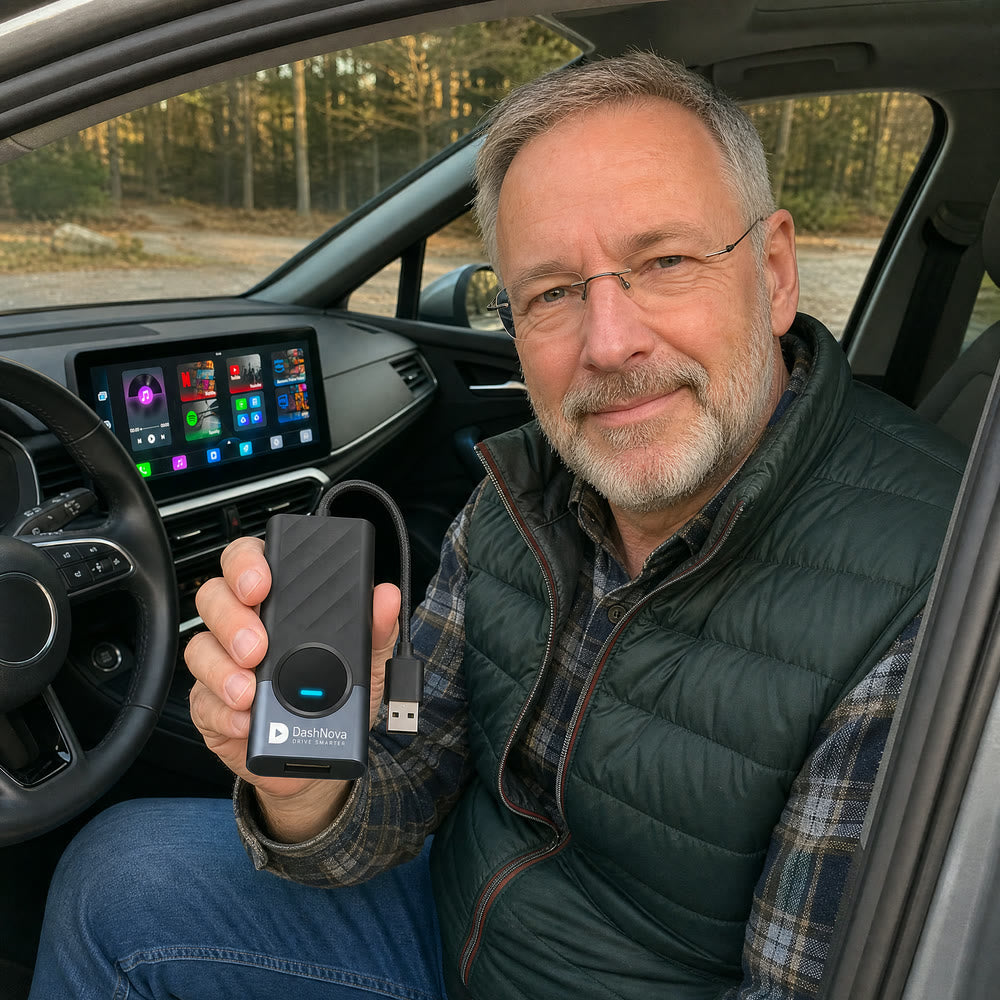Fahrer hält die DashNova AIBOX GO in seinem Auto