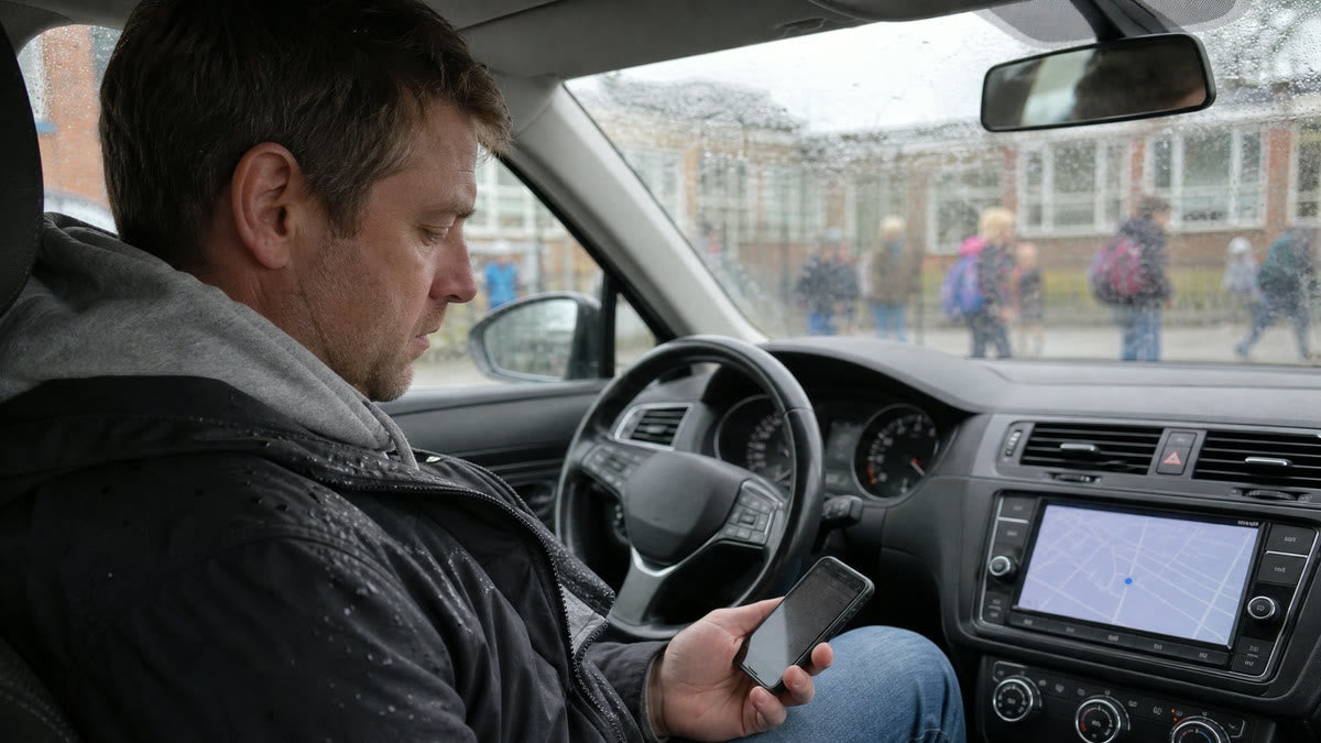 Vater wartet im Auto vor der Schule und schaut aufs Handy