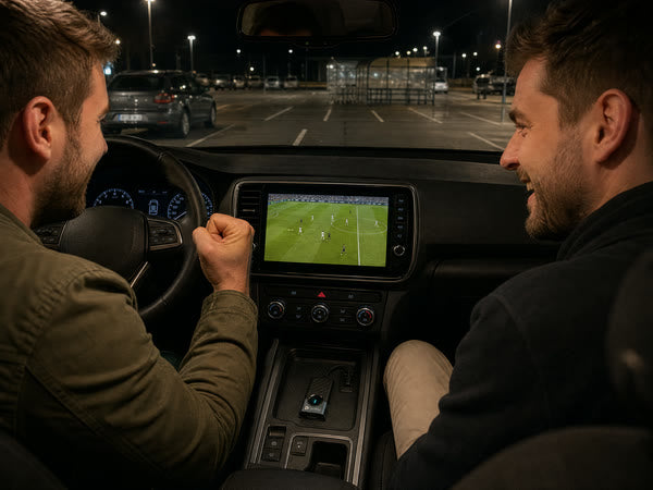 Zwei Freunde schauen Fußball im geparkten Auto
