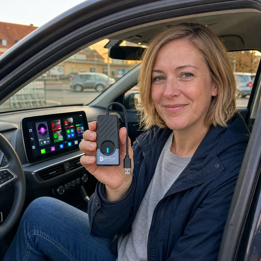 Fahrerin im Auto hält die AIBOX GO in die Kamera
