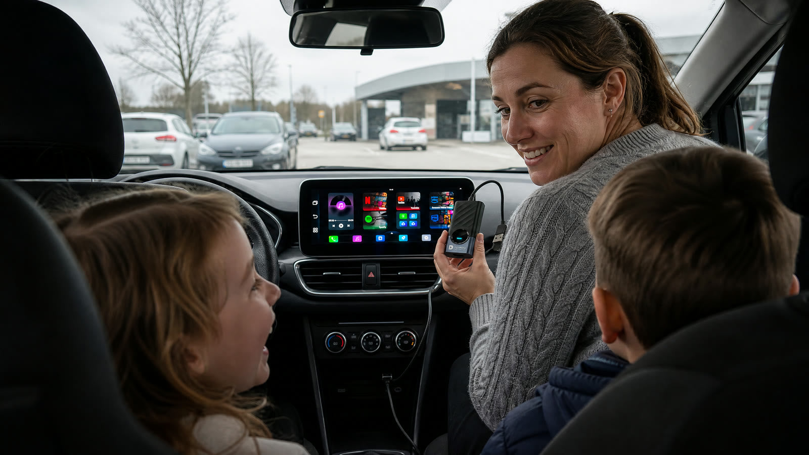 Familie im geparkten Auto, die Mutter reicht die AIBOX GO nach vorne