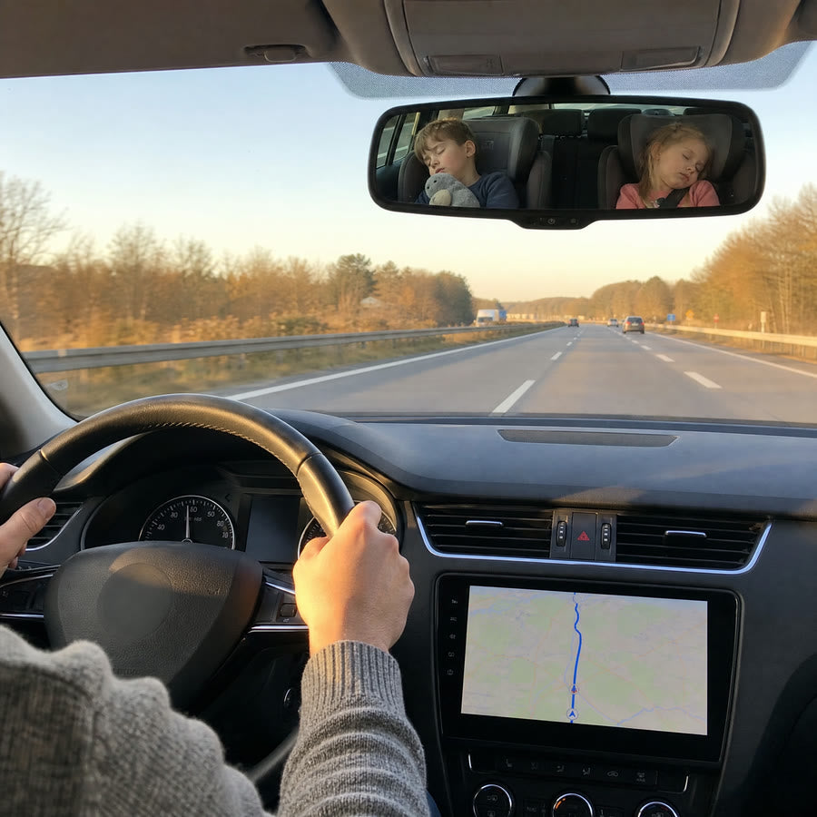 Blick in den Rückspiegel auf der Autobahn: die Kinder schlafen